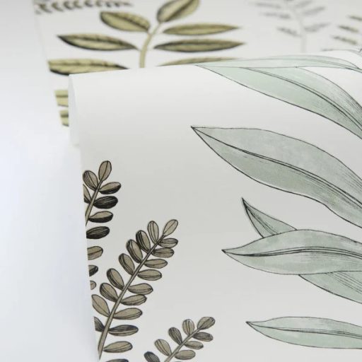 Herbárium ihlette vizuális virágos költemény fehér olajzöld pisztácia szürkészöld és bézs tónus tapéta