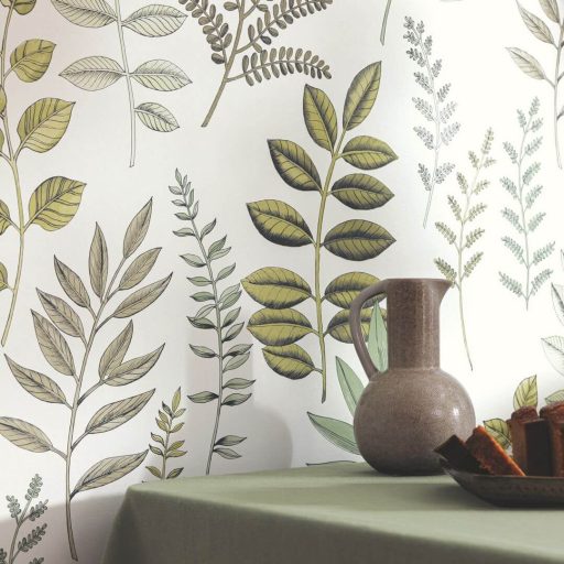 Herbárium ihlette vizuális virágos költemény fehér olajzöld pisztácia szürkészöld és bézs tónus tapéta