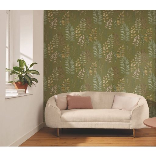 Herbárium ihlette vizuális virágos költemény mohazöld krémes bézs halvány rózsaszín és pasztell menta tónus tapéta