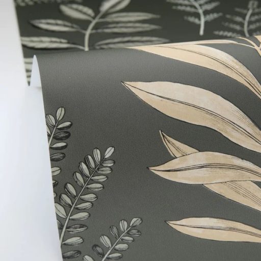 Herbárium ihlette vizuális virágos költemény angolzöld világoszöld bézs és fekete tónus tapéta