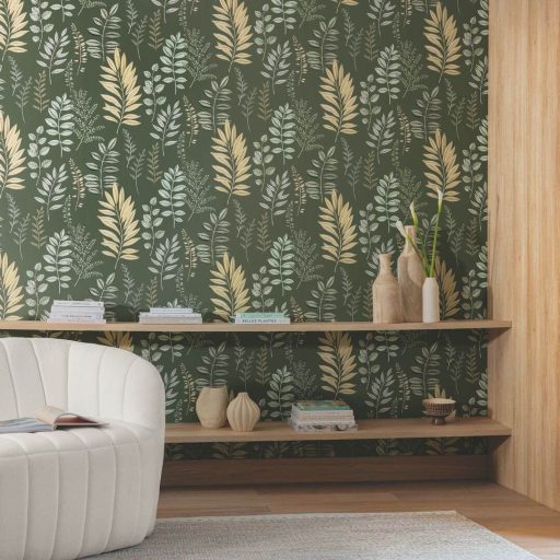 Herbárium ihlette vizuális virágos költemény angolzöld világoszöld bézs és fekete tónus tapéta