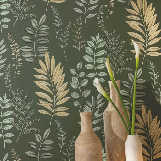 Herbárium ihlette vizuális virágos költemény angolzöld világoszöld bézs és fekete tónus tapéta