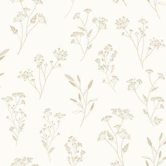   Finoman rajzolt tavaszi virágok könnyű és friss kompozíciója krémfehér és fémes arany tónus tapéta