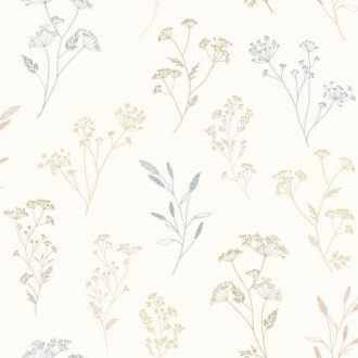   Finoman rajzolt tavaszi virágok könnyű és friss kompozíciója fehér pasztellkék halványzöld és púderrózsaszín tónus tapéta