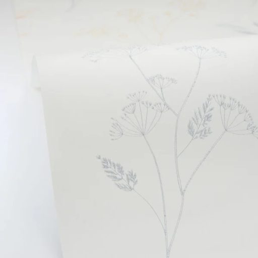 Finoman rajzolt tavaszi virágok könnyű és friss kompozíciója fehér pasztellkék halványzöld és púderrózsaszín tónus tapéta