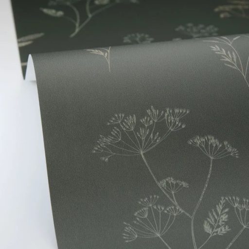 Finoman rajzolt tavaszi virágok könnyű és friss kompozíciója angolzöld ezüstös-zöld és arany tónus tapéta