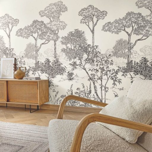 Titokzatos botanikus kert panoráma monokróm ábrázolásban "S" méret fehér szürke és fekete tónus falpanel