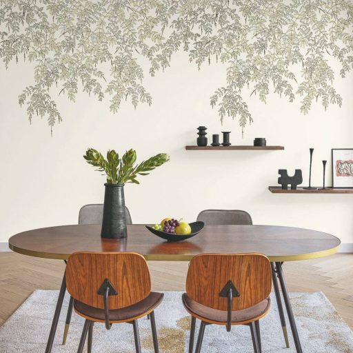 A természet varázslata - aláhulló légies levélözön (kaszkád) panoráma "L" krémfehér halványzöld bézs és olívbarna tónus falpanel