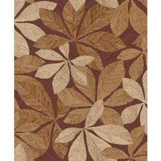   Finom erezetű növényi motívum fa hatású texturált háttéren bordó vörösesbarna bézs karamell és mogyoróbarna tónus tapéta