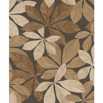   Finom erezetű növényi motívum fa hatású texturált háttéren fekete/sötét grafit bézs barna karamell és homokszín tónus tapéta