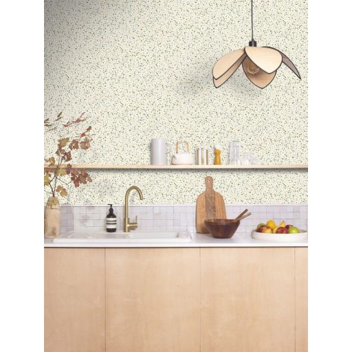 Terrazzo márvány és kőlapok felületét idéző minta krémszín szürke zöld és bézs tónus tapéta
