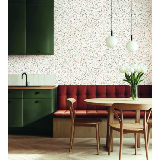 Terrazzo márvány és kőlapok felületét idéző minta világosbézs zöld rózsaszín mustársárga barna és sötétkék tónus tapéta