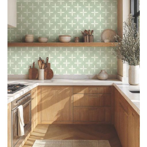 Álommozaik a falon - modern cementlap illúzió geometriai mintázat vízzöld és törtfehér tónus tapéta