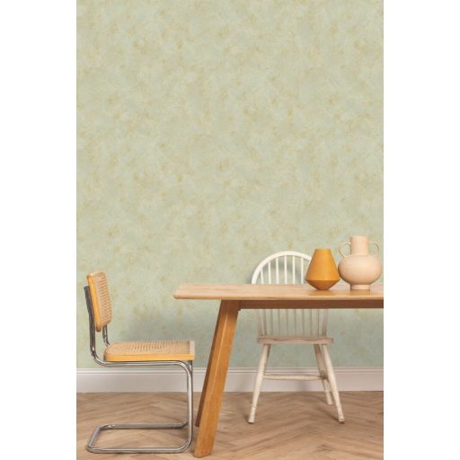 Természetes mész hatású texturált diszkrét fémes minta vízzöld és arany tónus tapéta