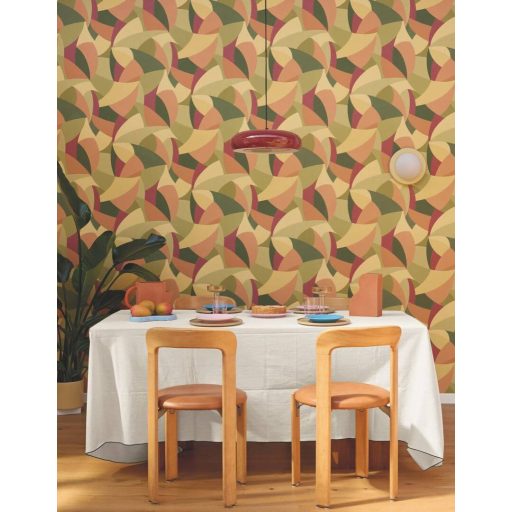 Művészi karakter és modern ritmus - patchwork minta sárga narancs bordó zöld bézs és törtfehér tónus tapéta