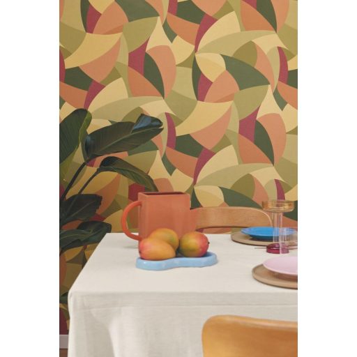 Művészi karakter és modern ritmus - patchwork minta sárga narancs bordó zöld bézs és törtfehér tónus tapéta