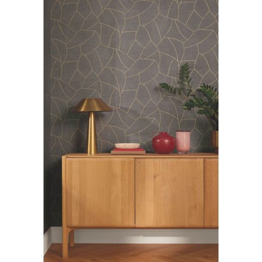 Eklektikus és autentikus kompozíció egyedi raffia textúrával sötétszürke antracit és aranyló bézs tónus tapéta