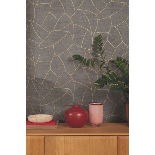 Eklektikus és autentikus kompozíció egyedi raffia textúrával sötétszürke antracit és aranyló bézs tónus tapéta