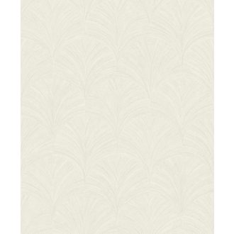   Intarziaszerű palmetta motívumok finom Art deco mintája fehér és fémes ezüst gyöngyház tónusok finom fény tapéta