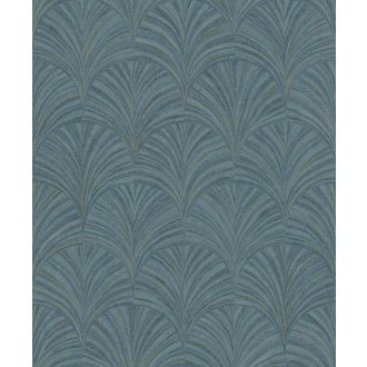   Intarziaszerű palmetta motívumok finom Art deco mintája közép és mélykék fémes arany tónusok finom fény tapéta