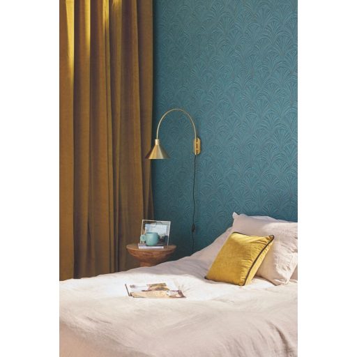 Intarziaszerű palmetta motívumok finom Art deco mintája közép és mélykék fémes arany tónusok finom fény tapéta