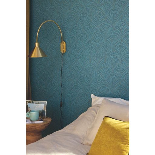 Intarziaszerű palmetta motívumok finom Art deco mintája közép és mélykék fémes arany tónusok finom fény tapéta