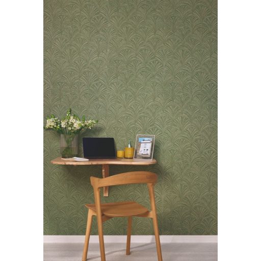 Intarziaszerű palmetta motívumok finom Art deco mintája avokádózöld és finom aranybarna tónusok finom fény tapéta