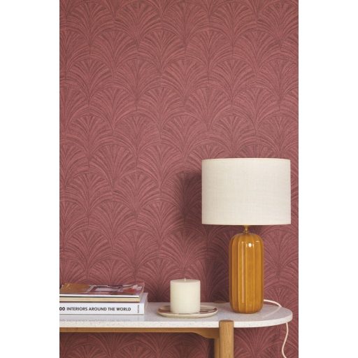 Intarziaszerű palmetta motívumok finom Art deco mintája gránátvörös tónusok finom fény tapéta