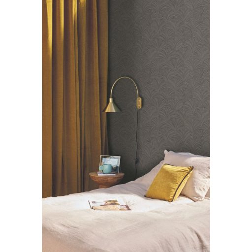 Intarziaszerű palmetta motívumok finom Art deco mintája sötétszürke antracit és fémes arany tónusok finom fény tapéta