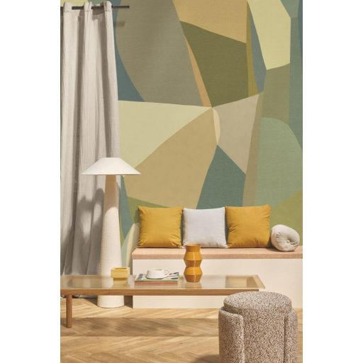 Művészi kollázs robban ki a síkból - Dinamikus rétegzett kompozíció "M" mély zöld okker bézs kék és szürke tónus falpanel