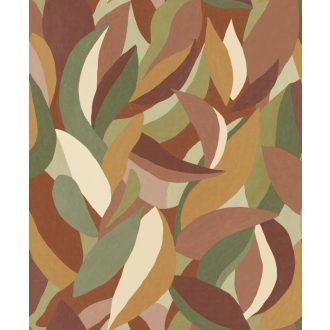   Absztrakt művészi levelek dinamikus és karakteres mintája krémfehér terrakotta olívzöld és mustársárga tónus tapéta