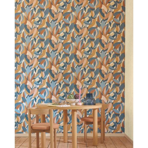 Absztrakt művészi levelek dinamikus és karakteres mintája acélkék petrolkék mustársárga terrakotta és rózsaszín tónus tapéta