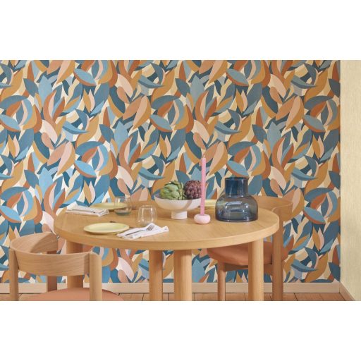 Absztrakt művészi levelek dinamikus és karakteres mintája acélkék petrolkék mustársárga terrakotta és rózsaszín tónus tapéta