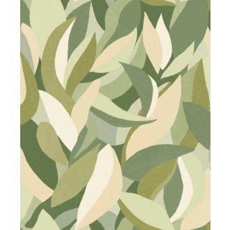  Absztrakt művészi levelek dinamikus és karakteres mintája krémfehér és sokszínű zöld paletta - erdő olív és khakizöld - tónus tapéta