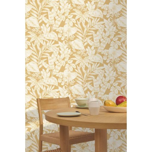 Finom botanikai minta eleganciával és természetességgel krém és napsütötte mézszín tónus tapéta