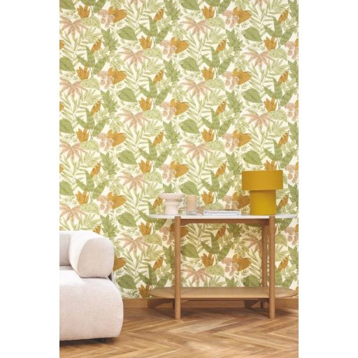 Finom botanikai minta eleganciával és természetességgel krémfehér zsályazöld okker és rózsaszín/mályva tónus tapéta