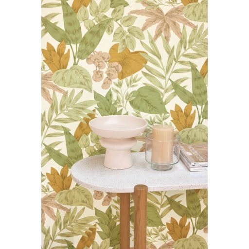Finom botanikai minta eleganciával és természetességgel krémfehér zsályazöld okker és rózsaszín/mályva tónus tapéta