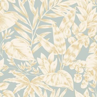   Finom botanikai minta eleganciával és természetességgel vízkékbe hajló menta törtfehér és bézs/bézsarany tónus tapéta