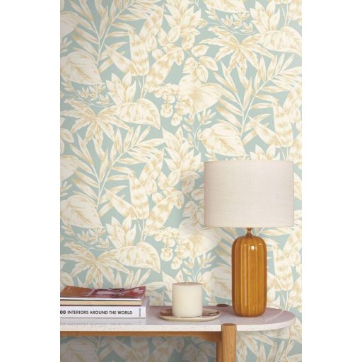 Finom botanikai minta eleganciával és természetességgel vízkékbe hajló menta törtfehér és bézs/bézsarany tónus tapéta