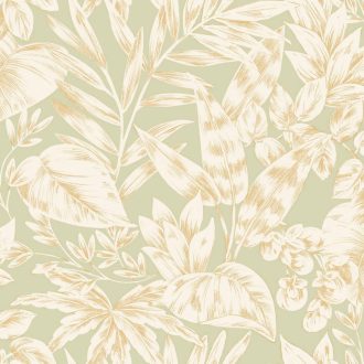   Finom botanikai minta eleganciával és természetességgel mandulazöld törtfehér és bézs/bézsarany tónus tapéta