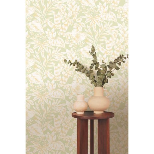 Finom botanikai minta eleganciával és természetességgel mandulazöld törtfehér és bézs/bézsarany tónus tapéta