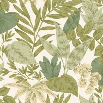   Finom botanikai minta eleganciával és természetességgel krémfehér olívzöld khakizöld és mentazöld tónus tapéta