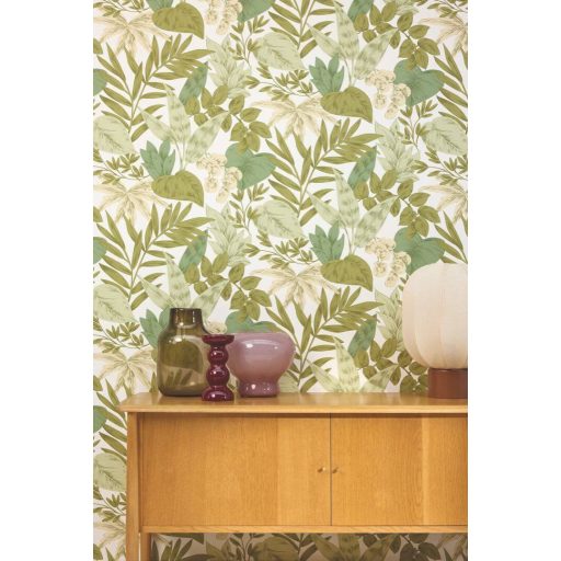 Finom botanikai minta eleganciával és természetességgel krémfehér olívzöld khakizöld és mentazöld tónus tapéta