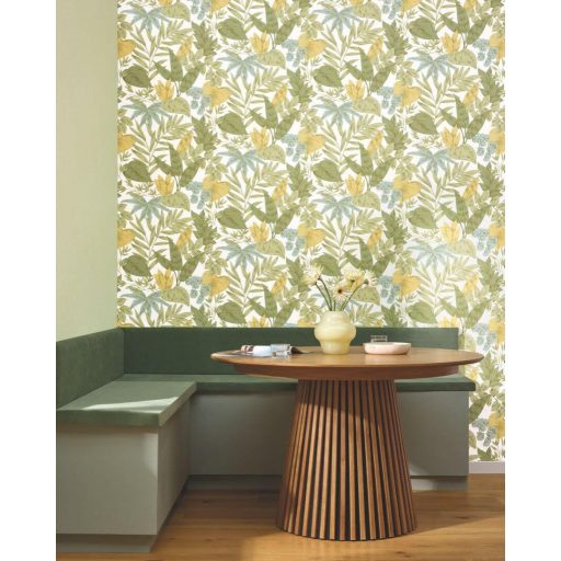 Finom botanikai minta eleganciával és természetességgel törtfehér mustársárga olívzöld mentazöld és égszínkék tónus tapéta