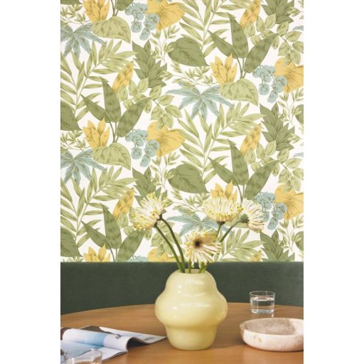Finom botanikai minta eleganciával és természetességgel törtfehér mustársárga olívzöld mentazöld és égszínkék tónus tapéta