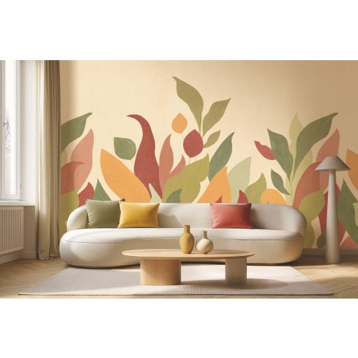 Absztrakt levél és virágkompozíció az organikus formák könnyedségével "M" terrakotta mustársárga olívzöld és krém tónus falpanel