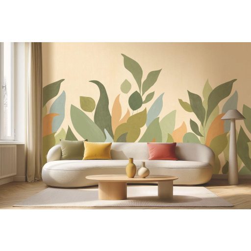 Absztrakt levél és virágkompozíció az organikus formák könnyedségével "S" olív és mentazöld égszínkék barack és krém tónus falpanel
