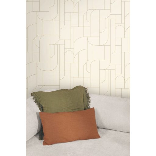 Art Deco vonalvezetésű absztrakt építészeti látomás krémfehér/krém és arany tónus fémes hatás tapéta