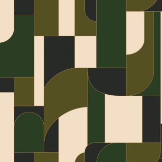   Art Deco vonalvezetésű absztrakt építészeti látomás erdőzöld olívzöld krém és éjfekete tónus fémes hatás tapéta