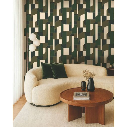 Art Deco vonalvezetésű absztrakt építészeti látomás erdőzöld olívzöld krém és éjfekete tónus fémes hatás tapéta